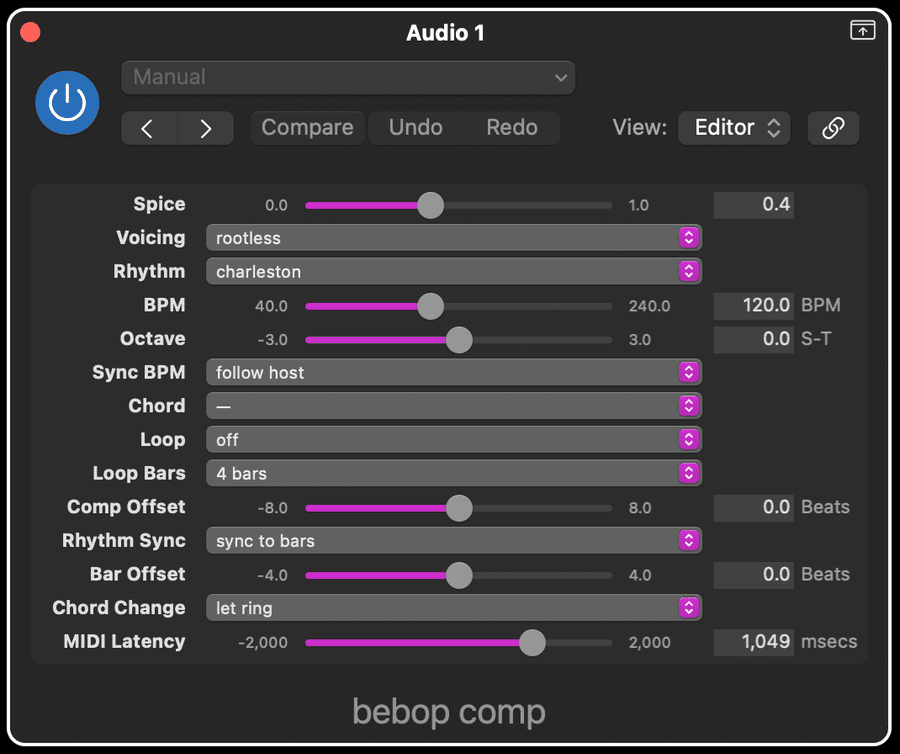 Bebop reharmonization engine output screenshot