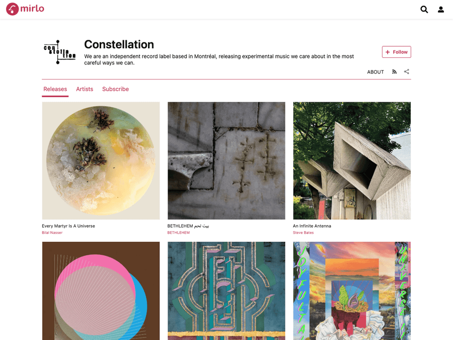 Mirlo: the Constellation Records label page on mirlo.space, with its grid of releases
